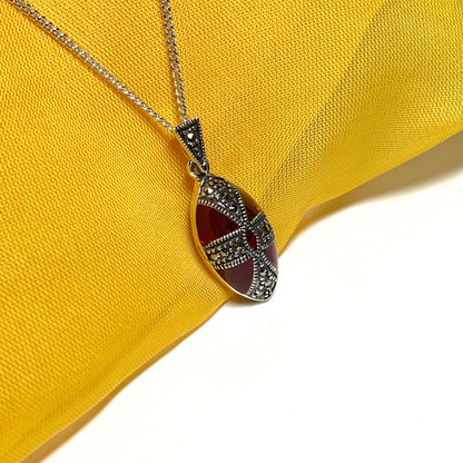 Large red crystal and marcasite teardrop pear necklace