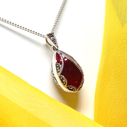 Large red crystal and marcasite pear teardrop necklace