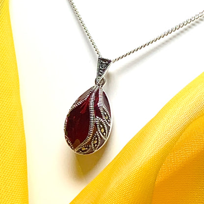 Large red crystal and marcasite pear teardrop necklace