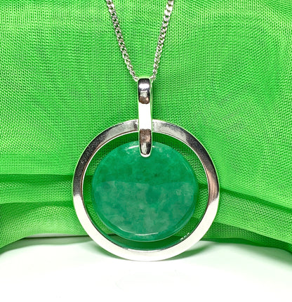 Large round shaped dark green real jade silver necklace