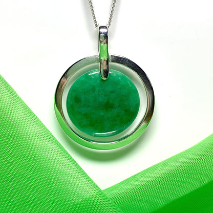 Large round shaped dark green real jade silver necklace