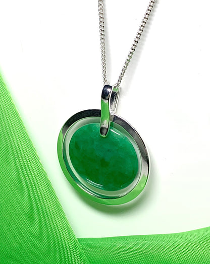 Large round shaped dark green real jade silver necklace