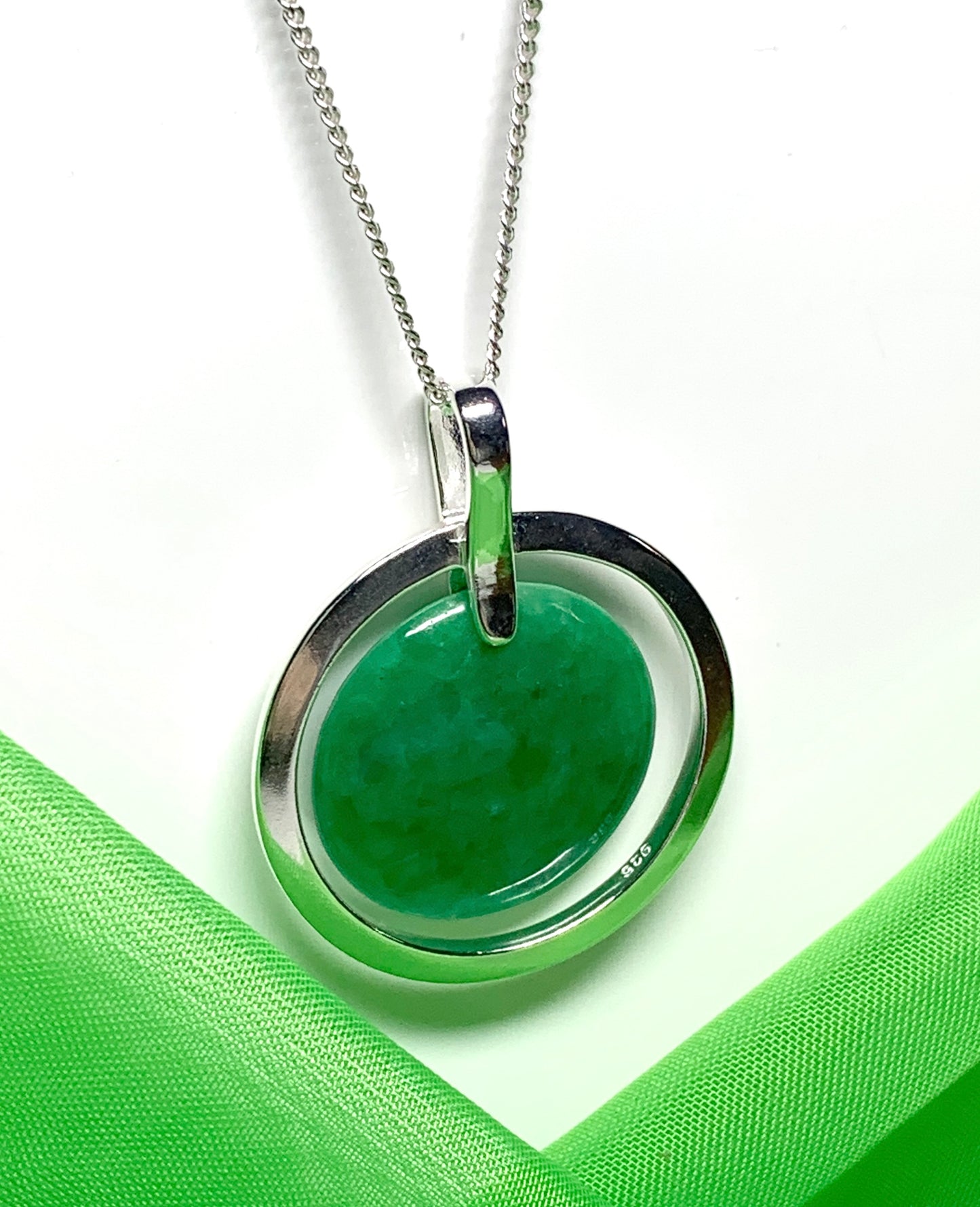 Large round shaped dark green real jade silver necklace