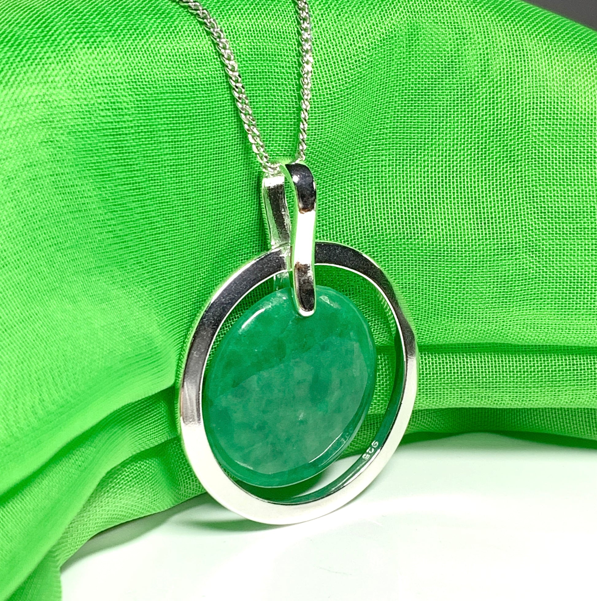 Large round shaped dark green real jade silver necklace