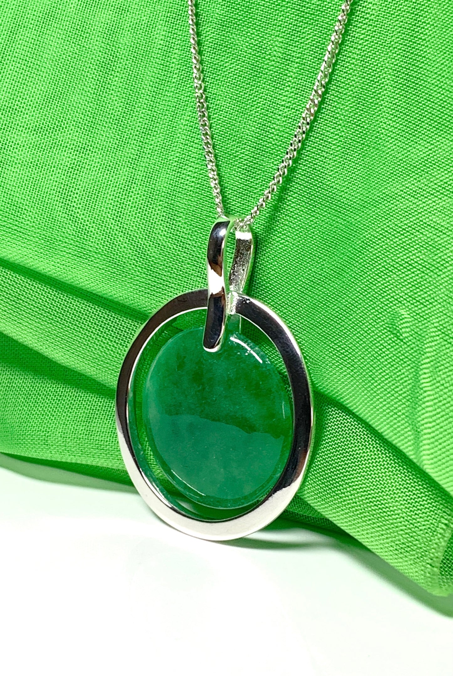 Large silver round shaped dark green real jade pendant necklace