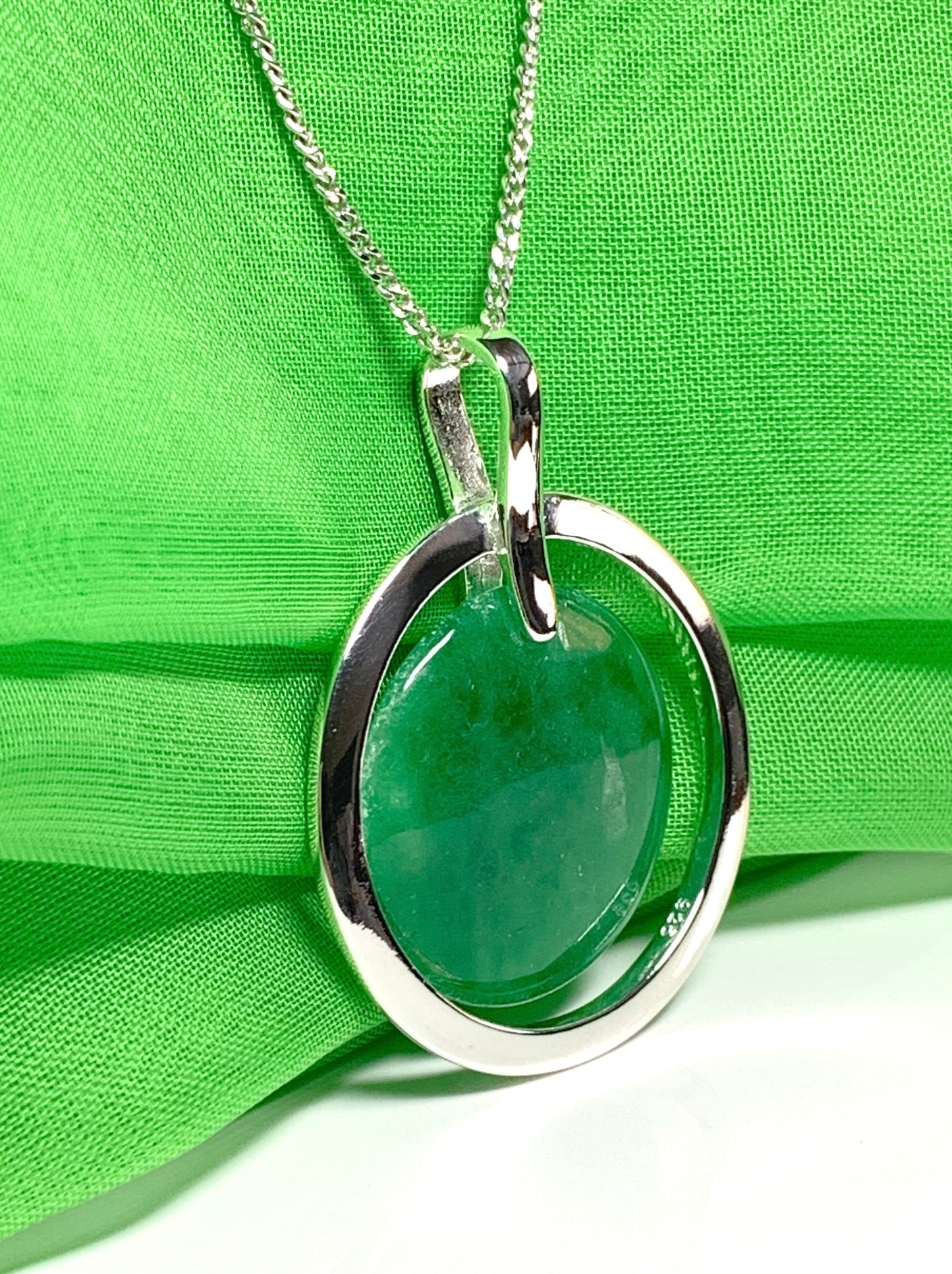 Large silver round shaped dark green real jade pendant necklace