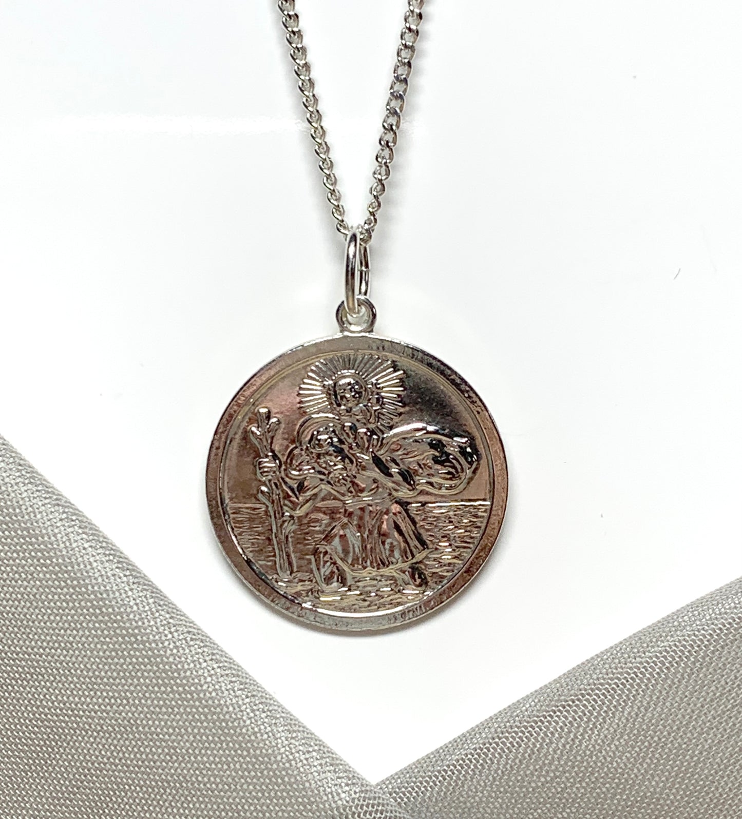 Large solid men’s round sterling silver St. Christopher and chain