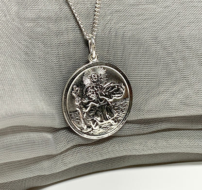 Large solid men’s round sterling silver St. Christopher and chain