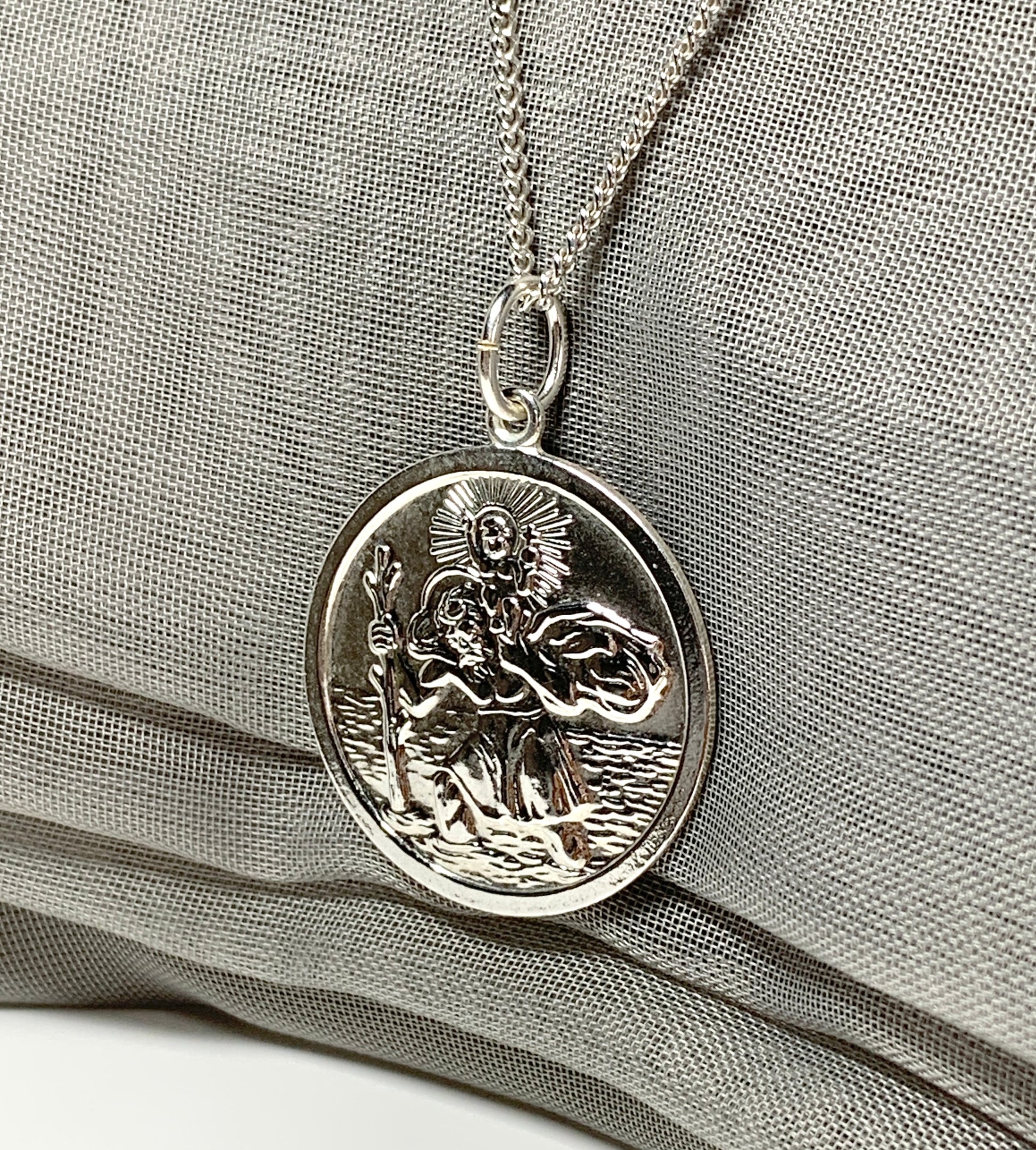 Large solid men’s round sterling silver St. Christopher and chain