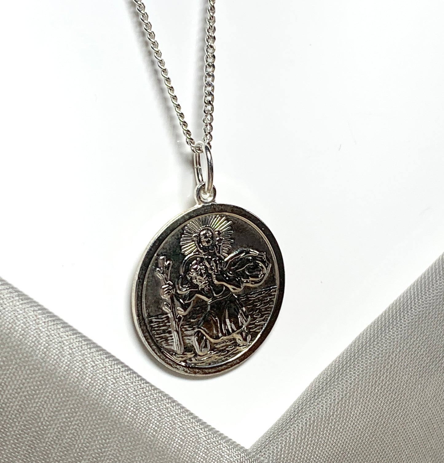 Large solid men’s round sterling silver St. Christopher and chain