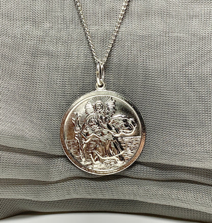 Large solid men’s round sterling silver St. Christopher and chain