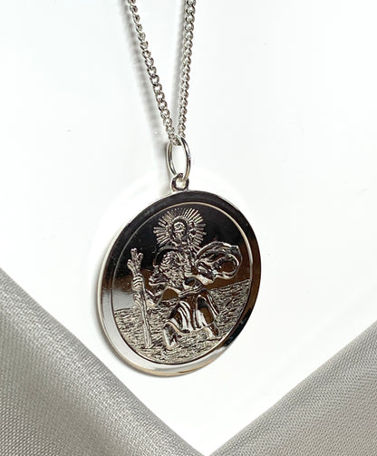 Very large solid men’s round sterling silver double sided St. Christopher and chain