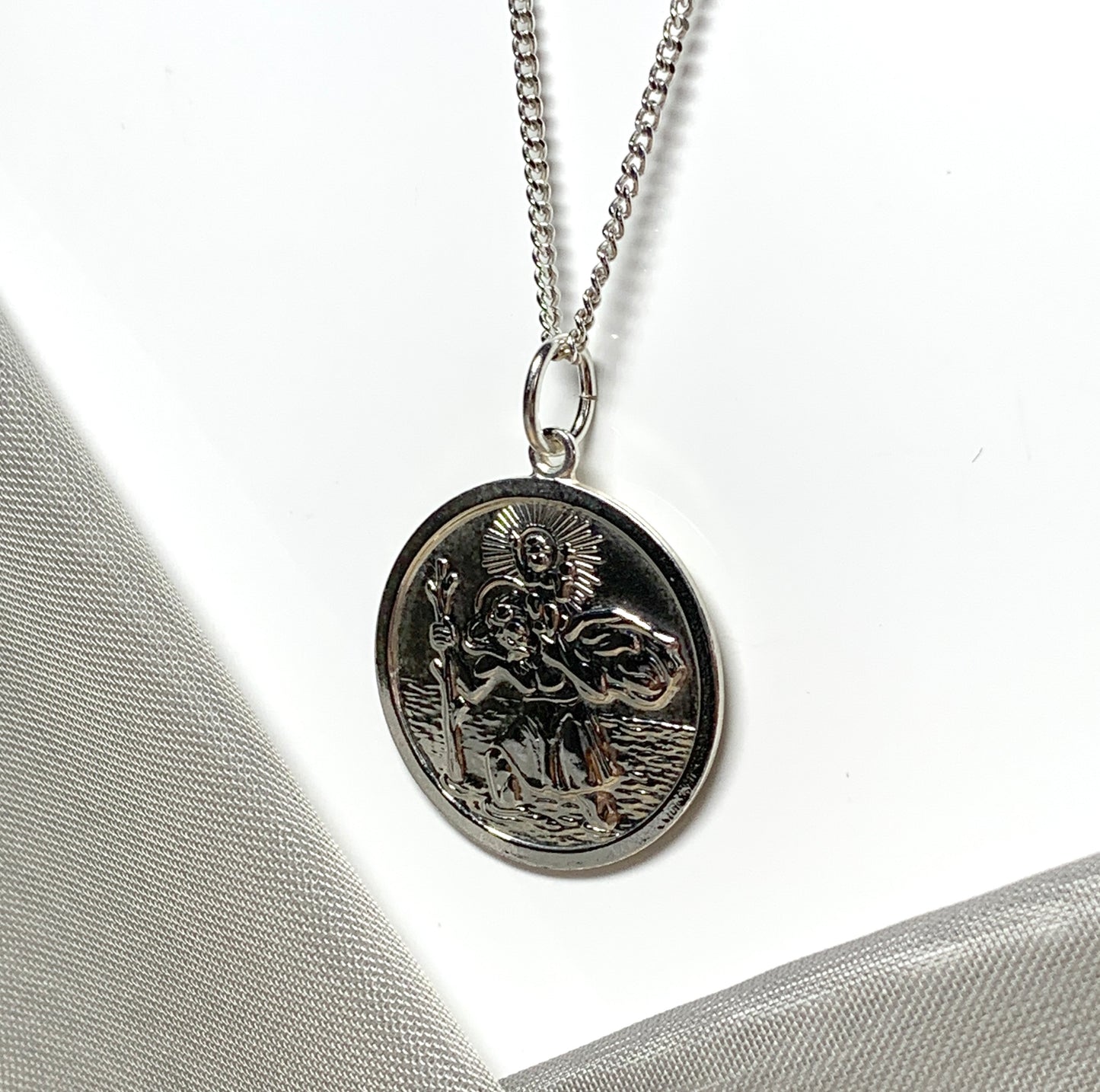 Large solid men’s round sterling silver St. Christopher and chain