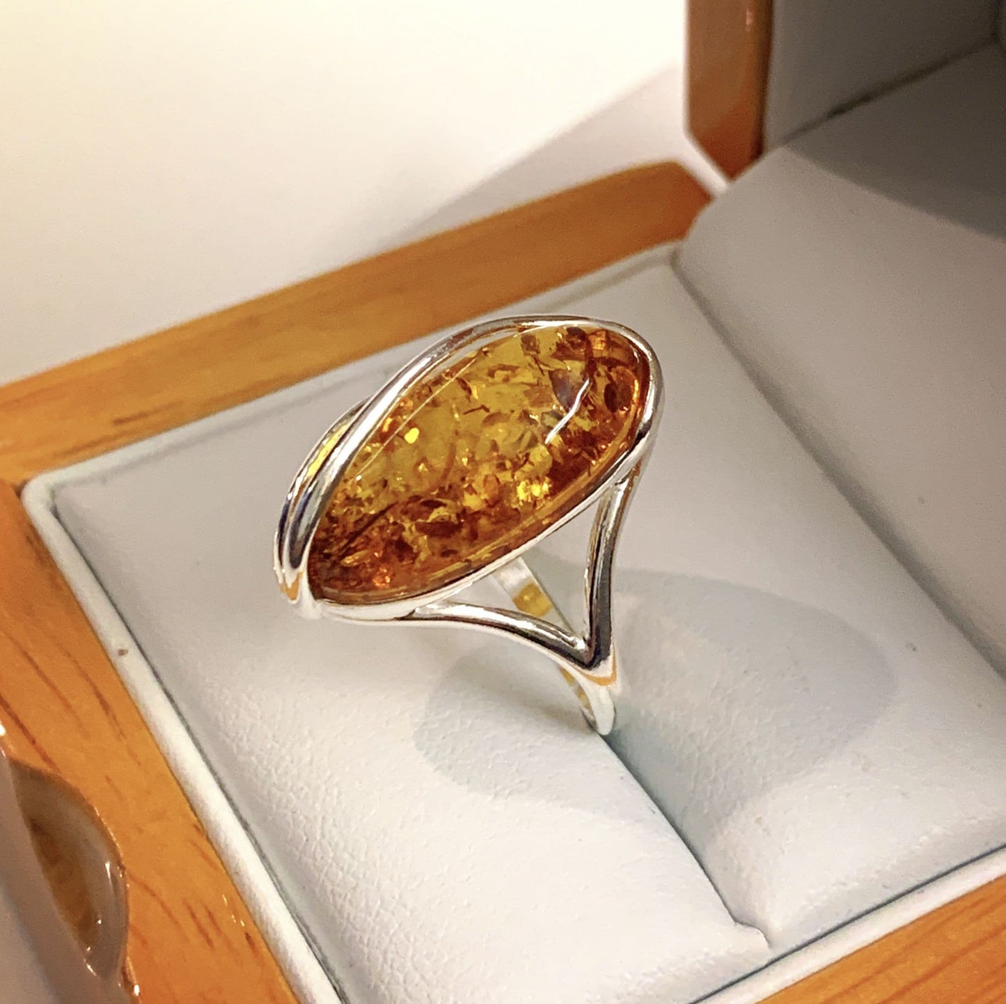 Large sterling silver amber ring marquise shaped