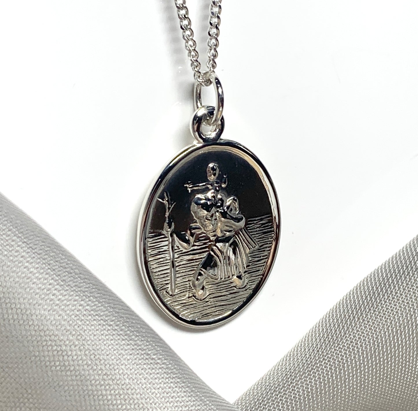 Large sterling silver solid oval St. Christopher