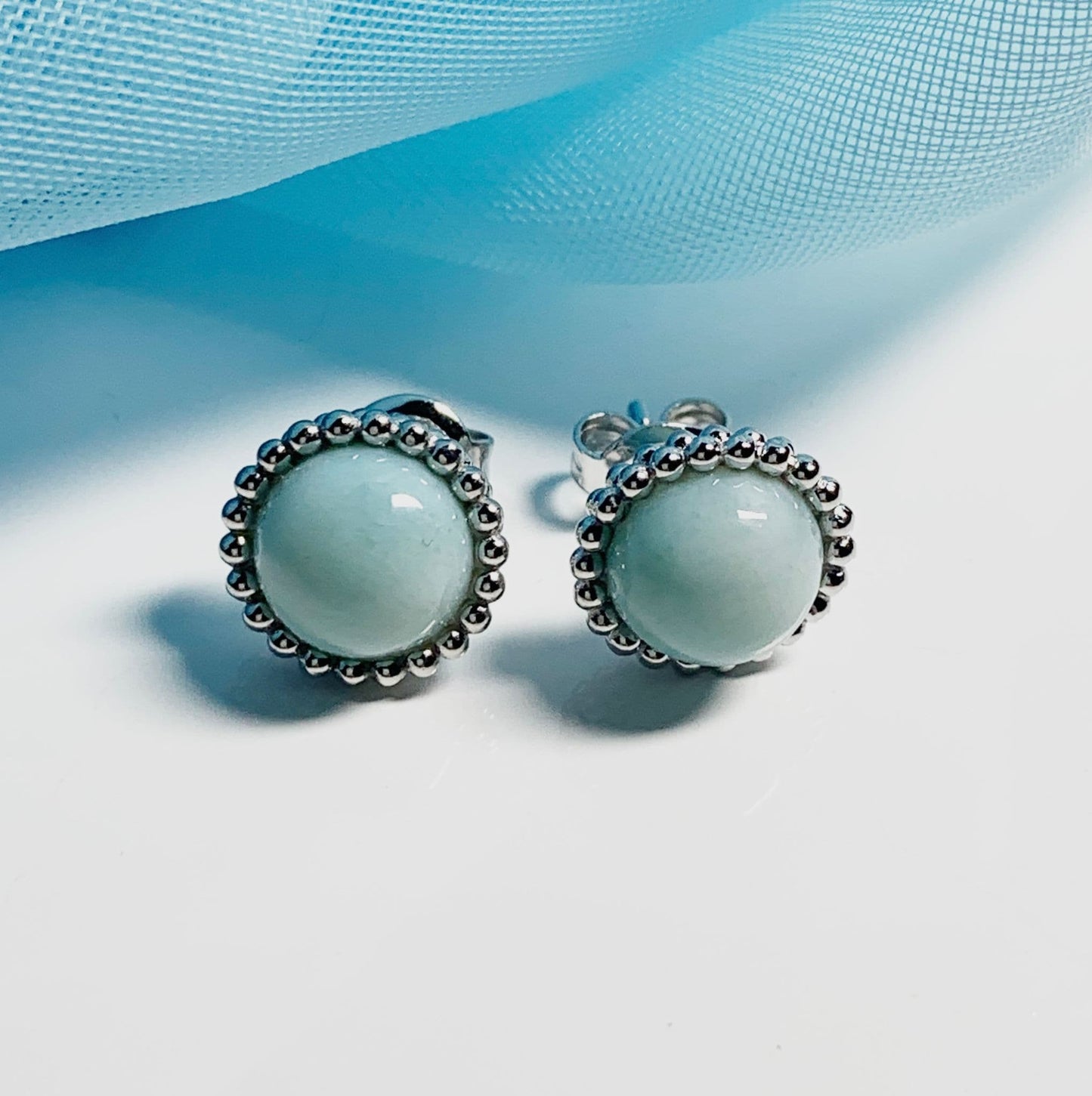 Larimar Round Sterling Silver Patterned Bobbled Stud Earrings