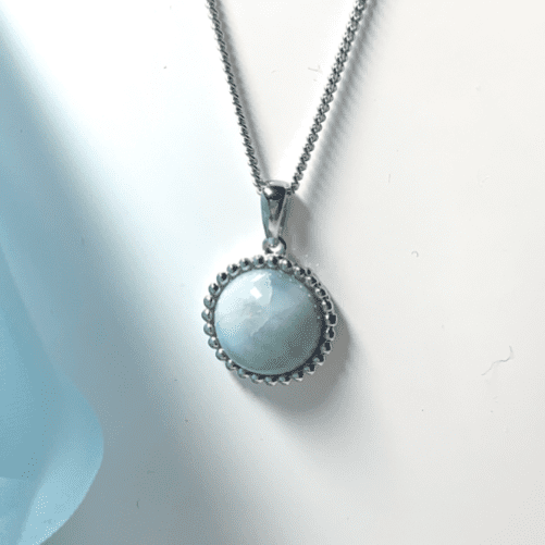 Round light blue larimar patterned bobbled necklace sterling silver pendant