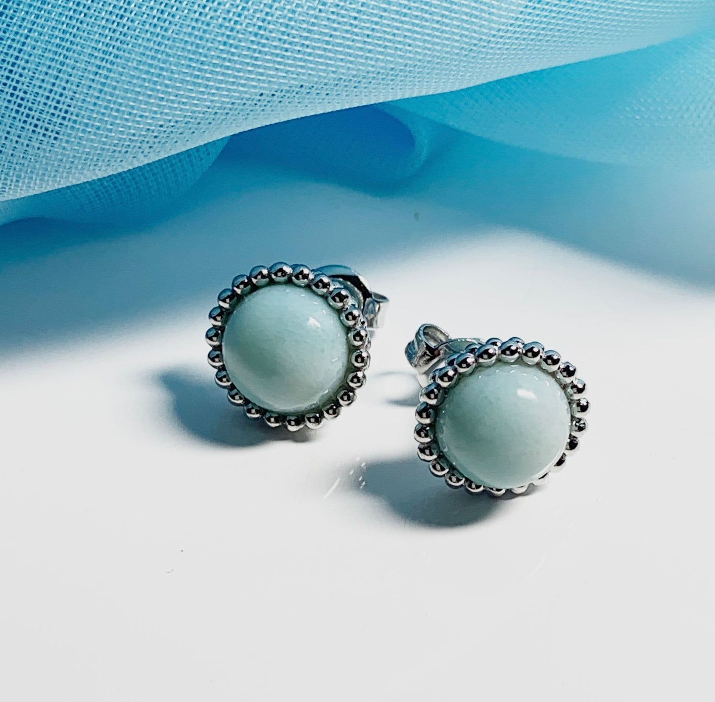 Larimar Round Sterling Silver Patterned Bobbled Stud Earrings
