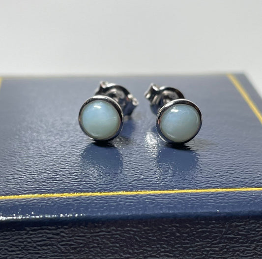 Larimar round sterling silver rubbed over stud earrings