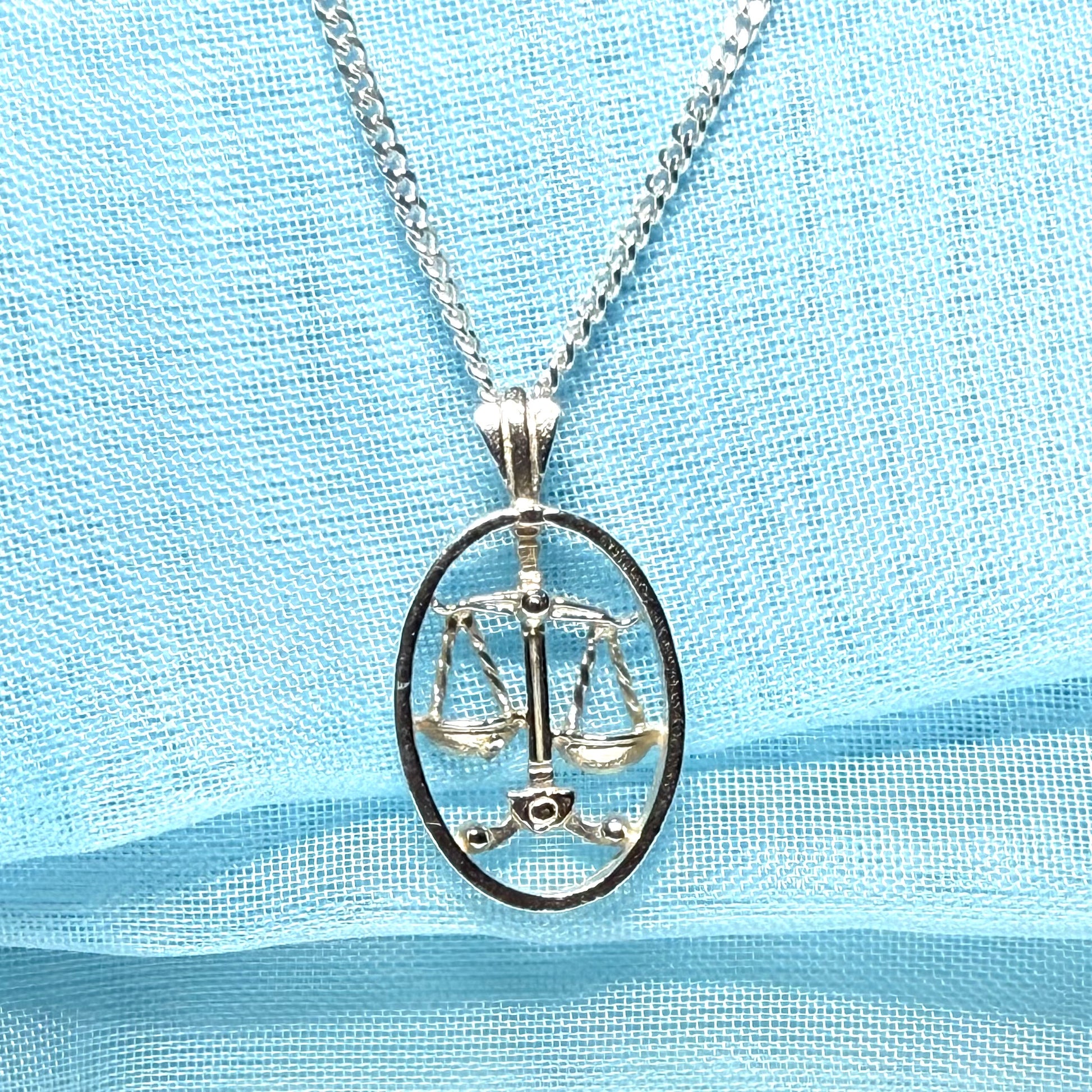 Libra Zodiac Oval Necklace Sterling Silver Pendant