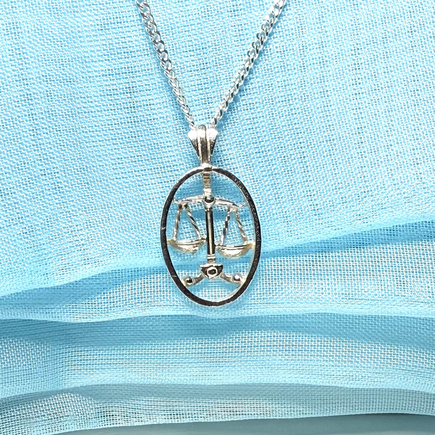 Libra Zodiac Oval Necklace Sterling Silver Pendant