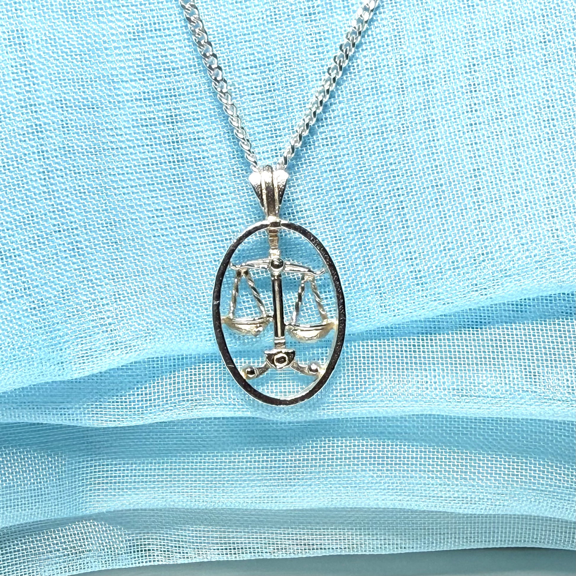 Libra Zodiac Oval Necklace Sterling Silver Pendant