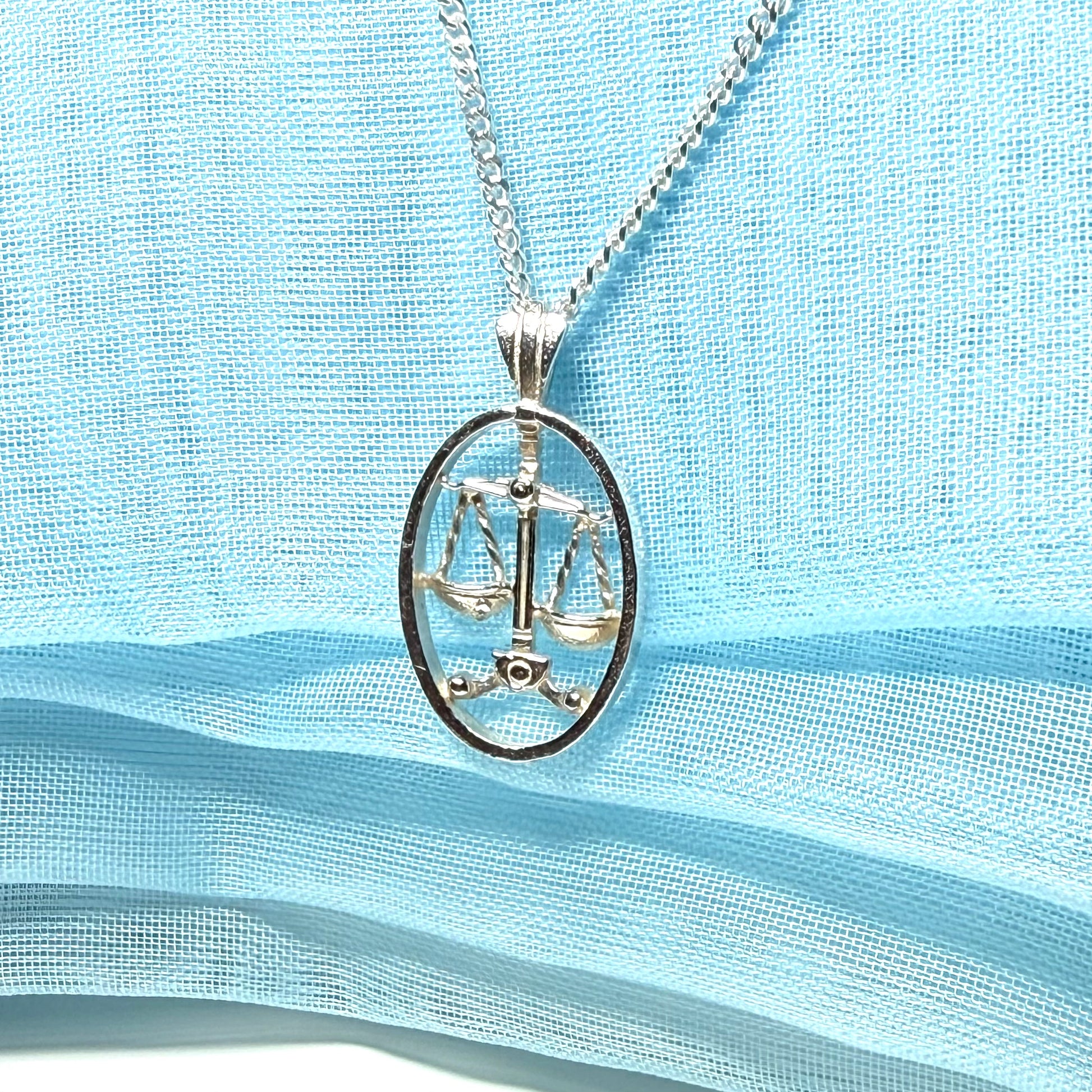 Libra Zodiac Oval Necklace Sterling Silver Pendant