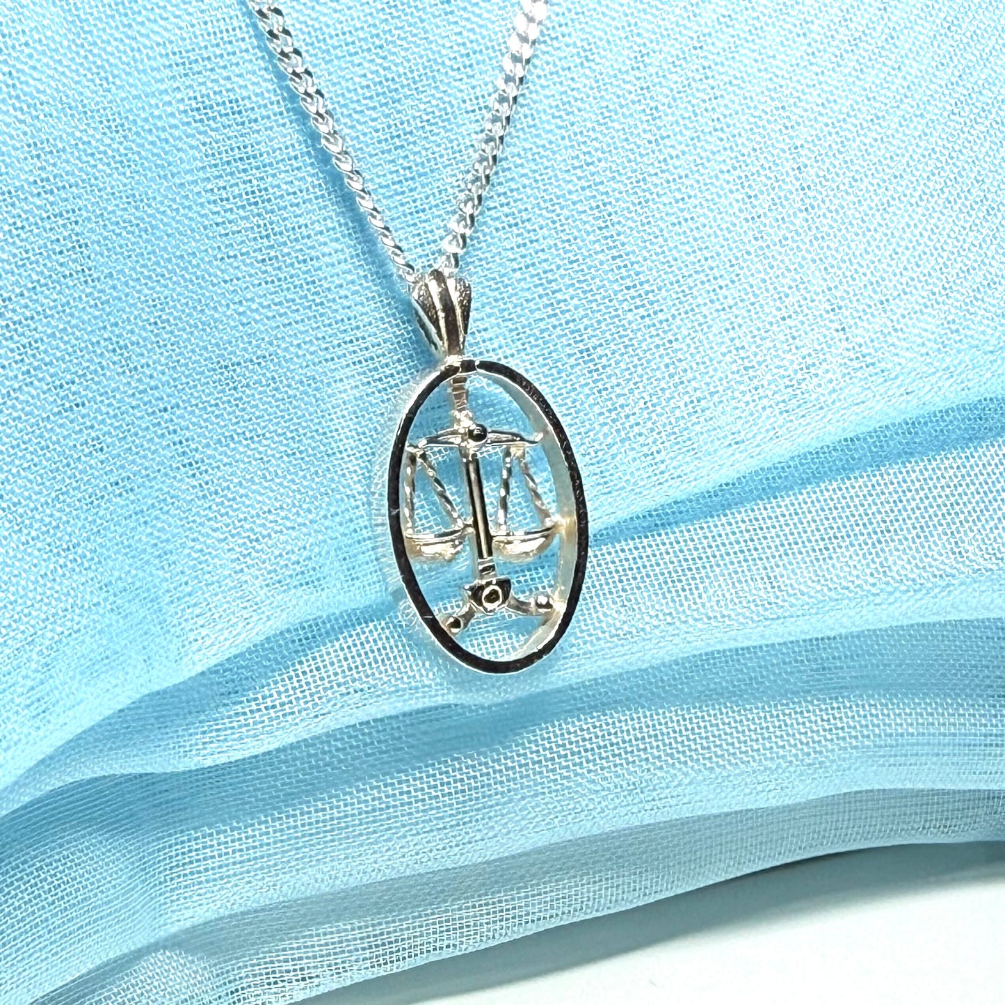 Libra Zodiac Oval Necklace Sterling Silver Pendant