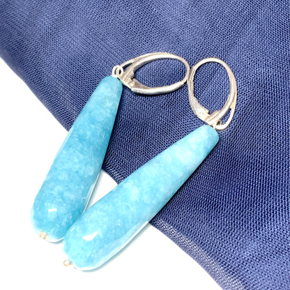 Light blue agate long teardrop shaped drop earrings