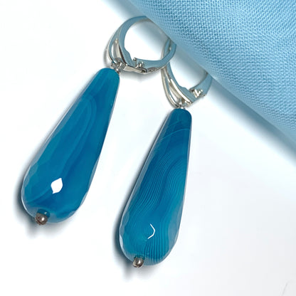 Light blue agate teardrop shaped long drop earrings