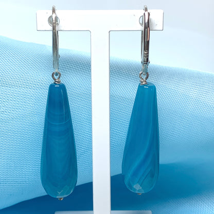 Light blue agate teardrop shaped long drop earrings