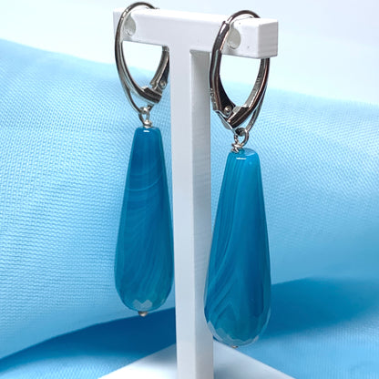 Light blue agate teardrop shaped long drop earrings