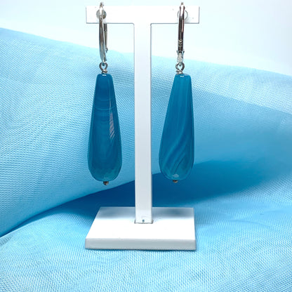 Light blue agate teardrop shaped long drop earrings