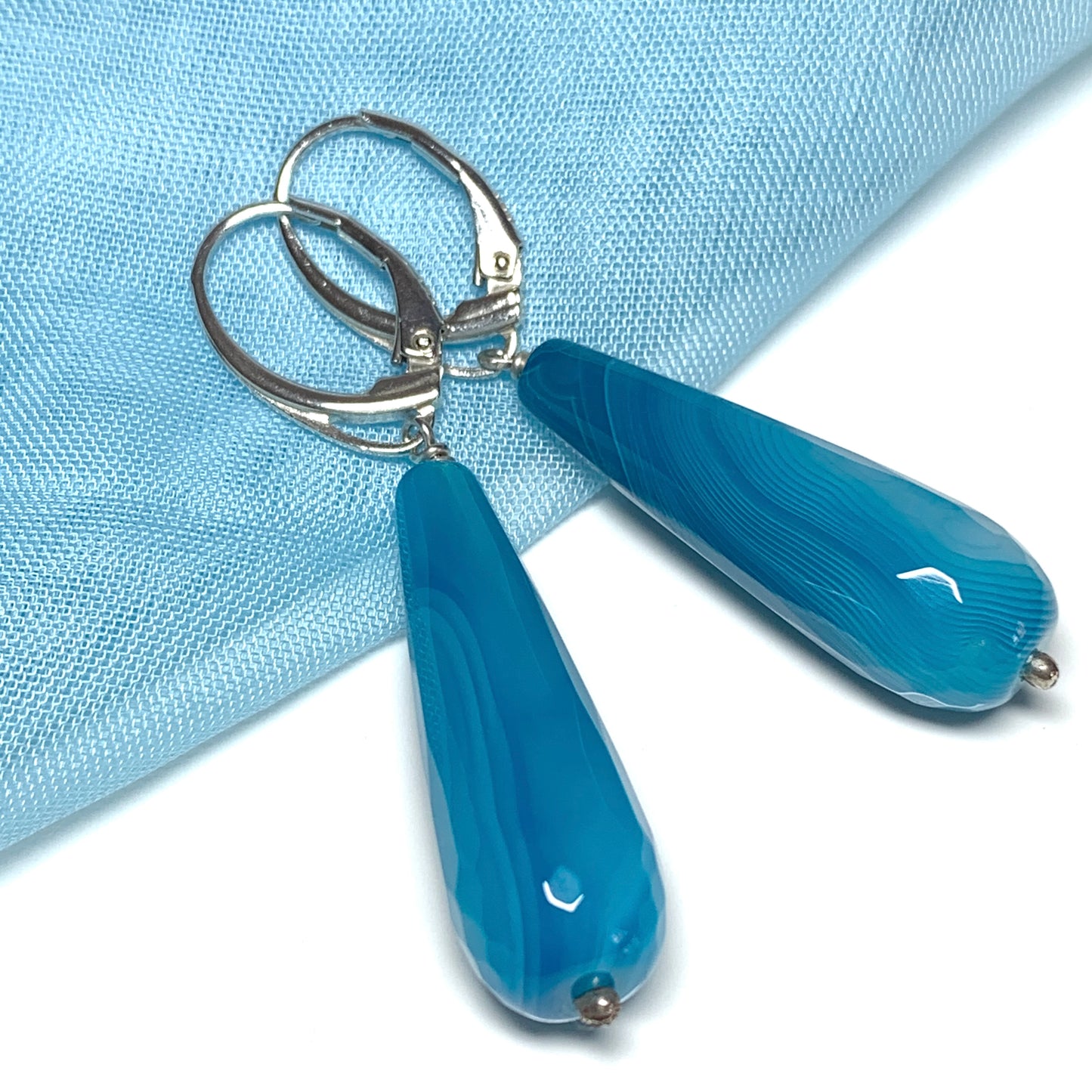 Light blue agate teardrop shaped long drop earrings