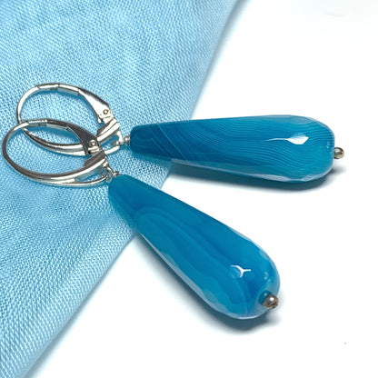 Light blue agate teardrop shaped long drop earrings