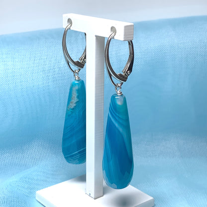 Light blue long teardrop shaped drop agate earrings continental wire fittings