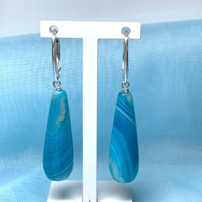 Light blue long teardrop shaped drop agate earrings continental wire fittings