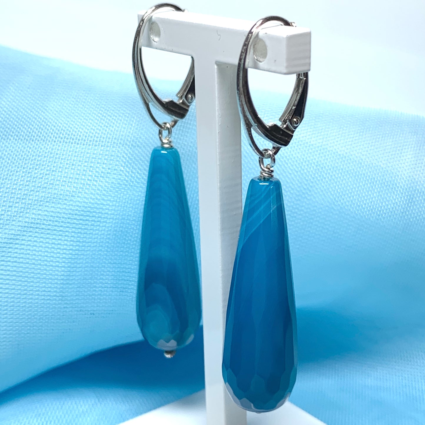 Light blue teardrop shaped agate long drop earrings