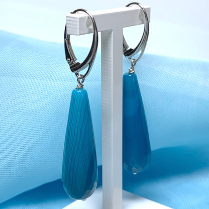 Light blue teardrop shaped agate long drop earrings