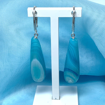 Light blue teardrop shaped long drop agate earrings