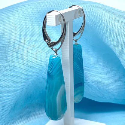 Light blue teardrop shaped long drop agate earrings