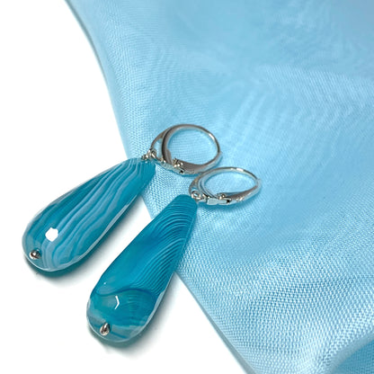 Light blue teardrop shaped long drop agate earrings