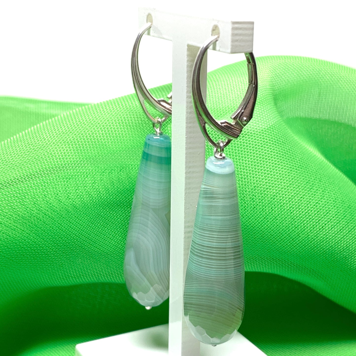 Light green agate patterned teardrop shaped long drop earrings