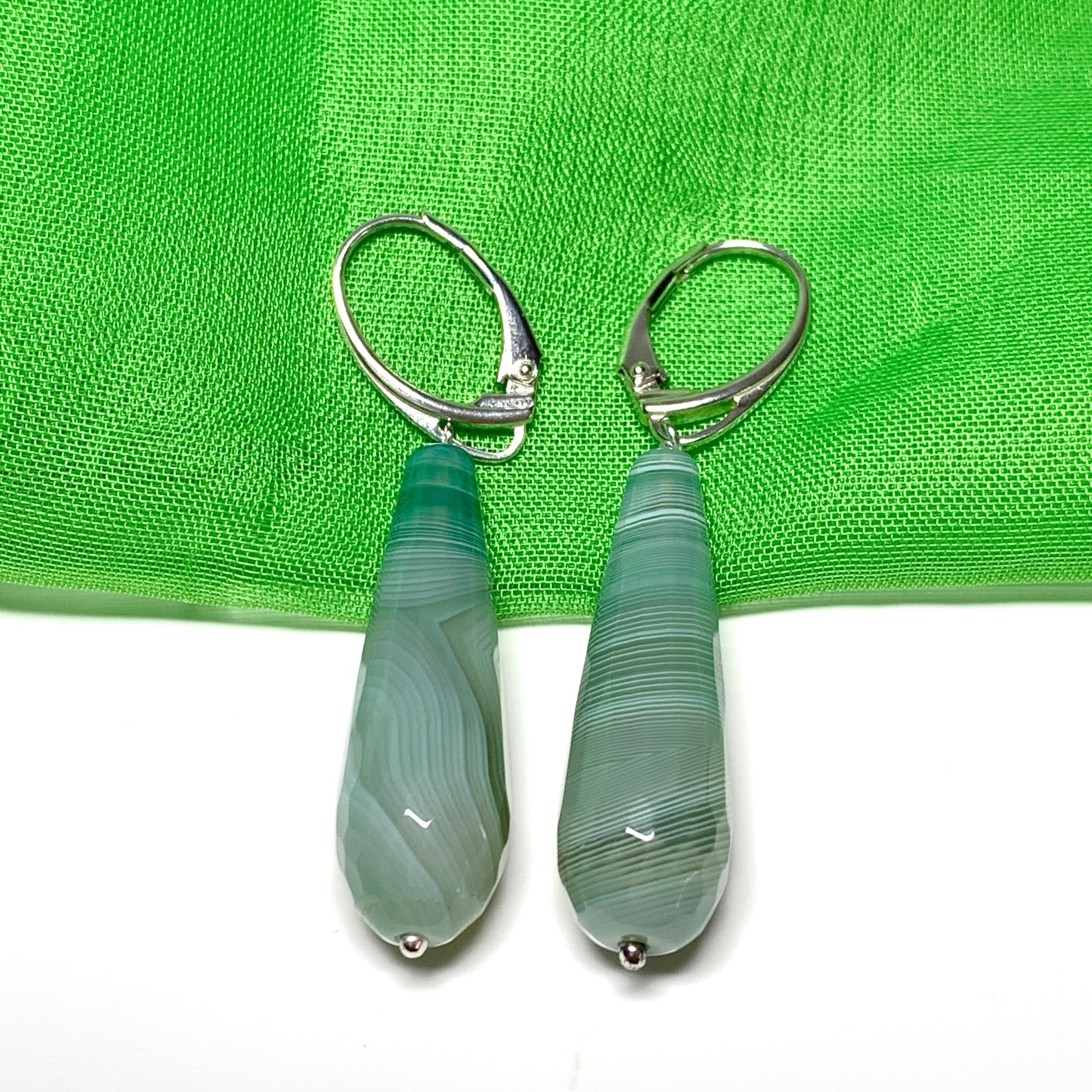Light green agate patterned teardrop shaped long drop earrings