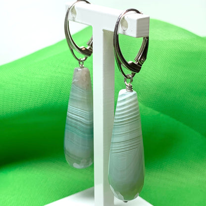 Light green agate teardrop shaped long drop earrings