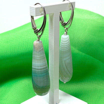 Light green agate teardrop shaped long drop earrings