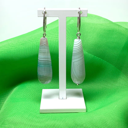 Light green agate teardrop shaped long drop earrings