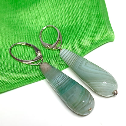 Light green agate teardrop shaped long drop earrings