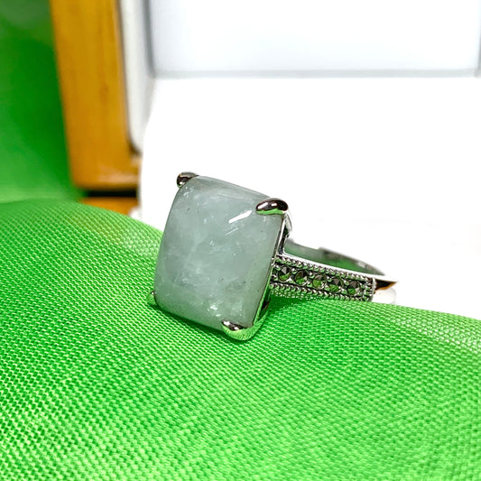 Light green jade and marcasite square shaped sterling silver ring