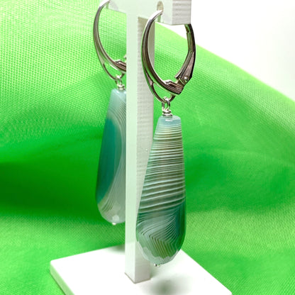 Light green patterned teardrop shaped long drop agate earrings